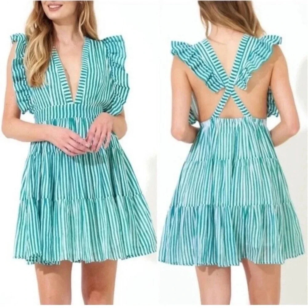 💃🏻Oliphant Cross Back‎ Mini Dress S NWT Green White Stripe Ruffle Sleeveless👗